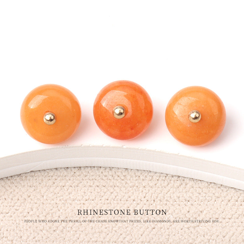 Orange natural jade bead buttons with gold stud, 10mm, for cheongsam (20 pcs)