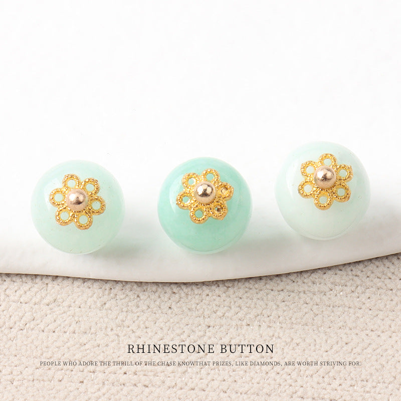 Mint light jade bead button, gold flower mount with round metal bead center