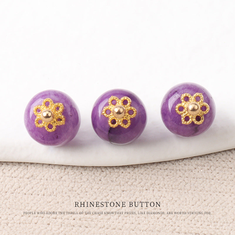 Purple jade bead buttons with gold flower mounts and round metal bead centers