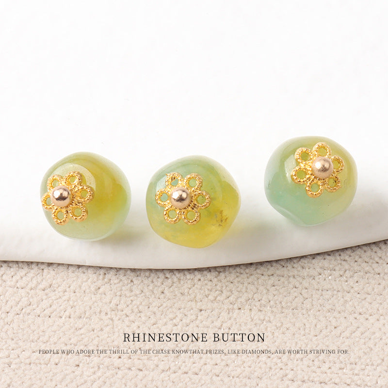 10mm jade bead buttons, light green gradient with gold flower mounts and pearl centers (20pcs)