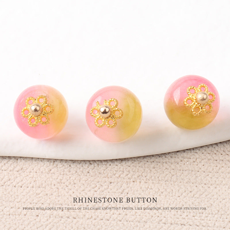 10mm jade bead buttons, pink to peach gradient with gold flower mounts and pearl centers (20pcs)