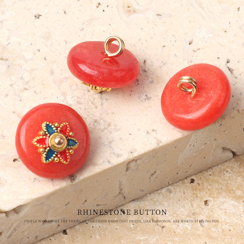 12mm Orange Red Jade Buttons with Golden Flower Shanks for Chinese Shi