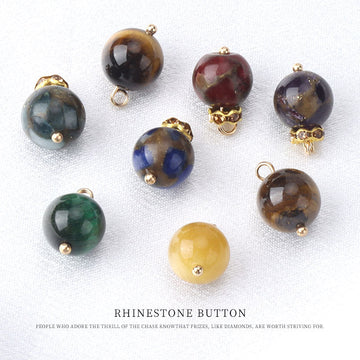 Assorted 10mm natural stone bead frog-knot buttons, round with gold-tone loops (mixed colors)