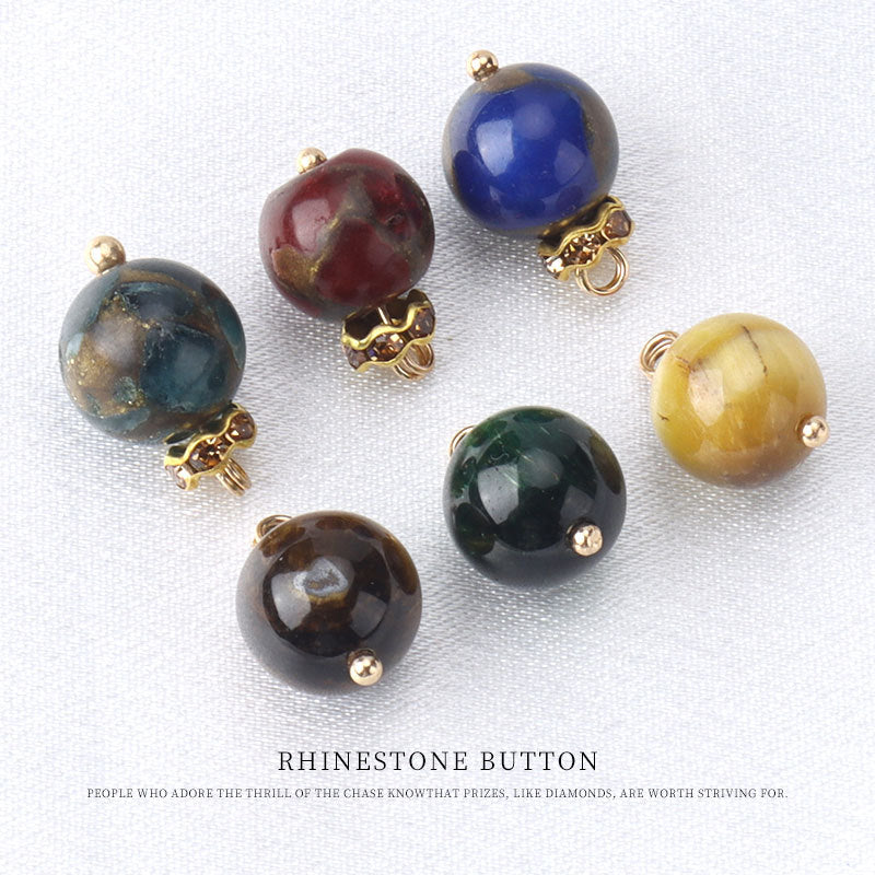 Set of six 10mm round stone bead frog-knot buttons with gold-tone loops, mixed colors