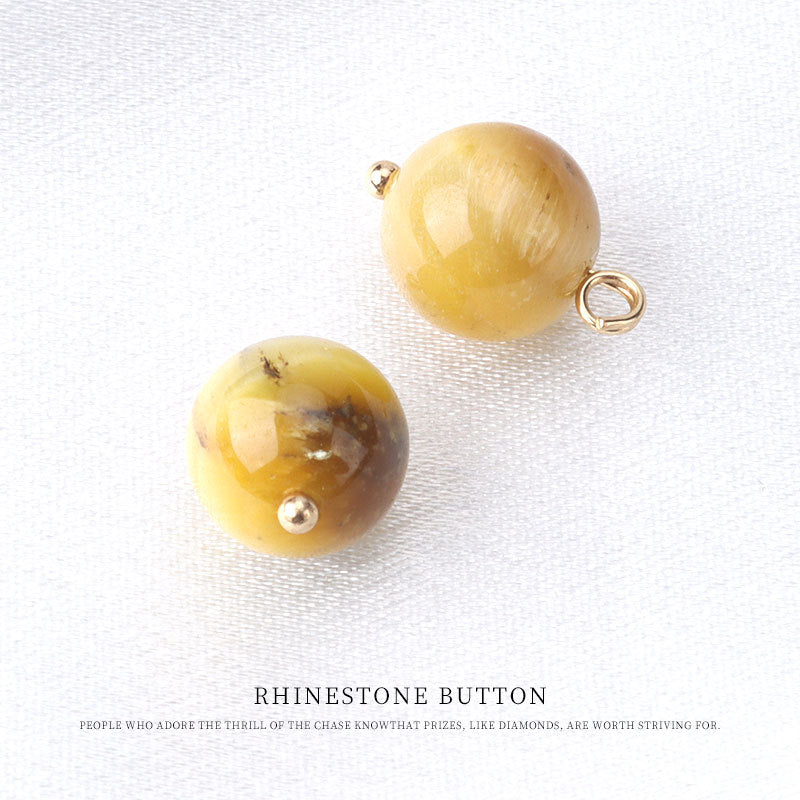 10mm round yellow stone bead frog-knot buttons with gold-tone loops, natural stone
