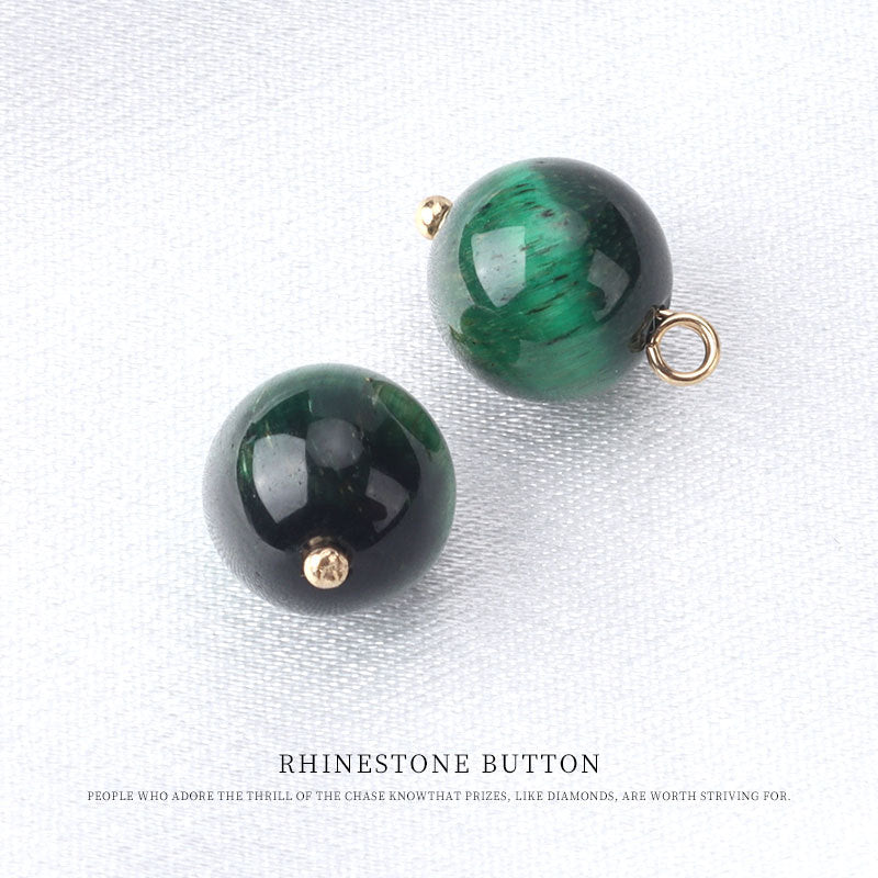 10mm round green stone bead frog-knot buttons with gold-tone loops, natural stone