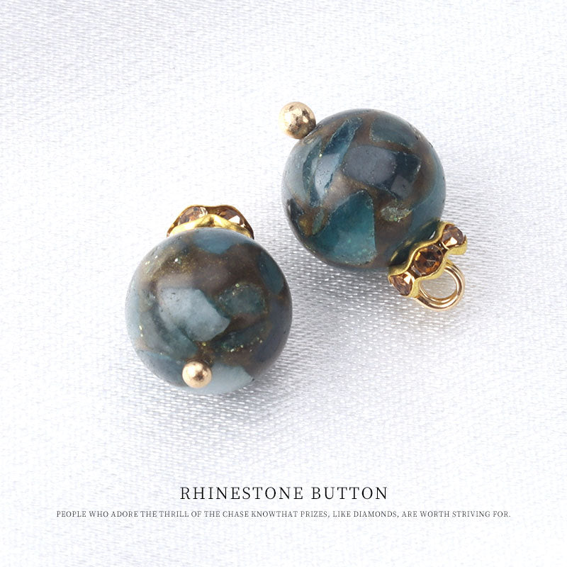 10mm round blue-green stone bead frog-knot buttons with gold-tone loops, marbled stone