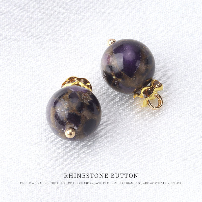 10mm round purple stone bead frog-knot buttons with gold-tone loops, natural stone