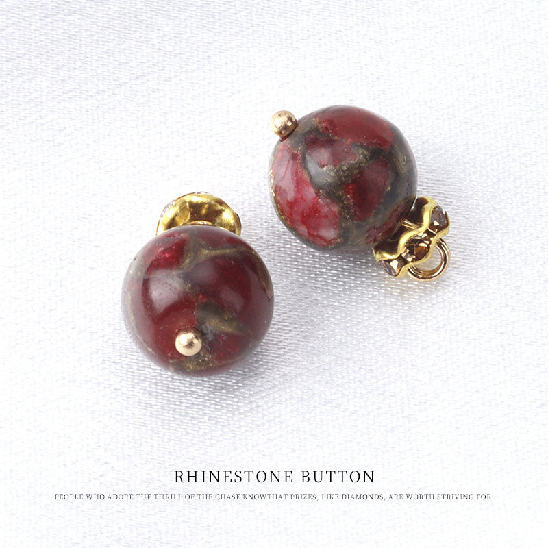 10mm round red stone bead frog-knot buttons with gold-tone loops, natural stone