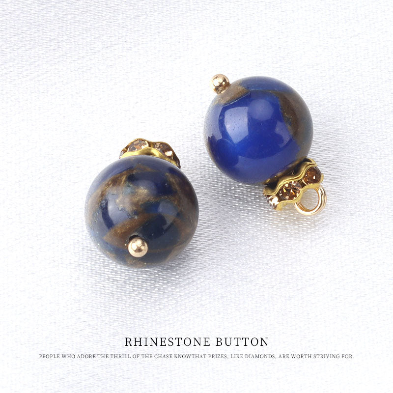 10mm round blue stone bead frog-knot buttons with gold-tone loops, natural stone