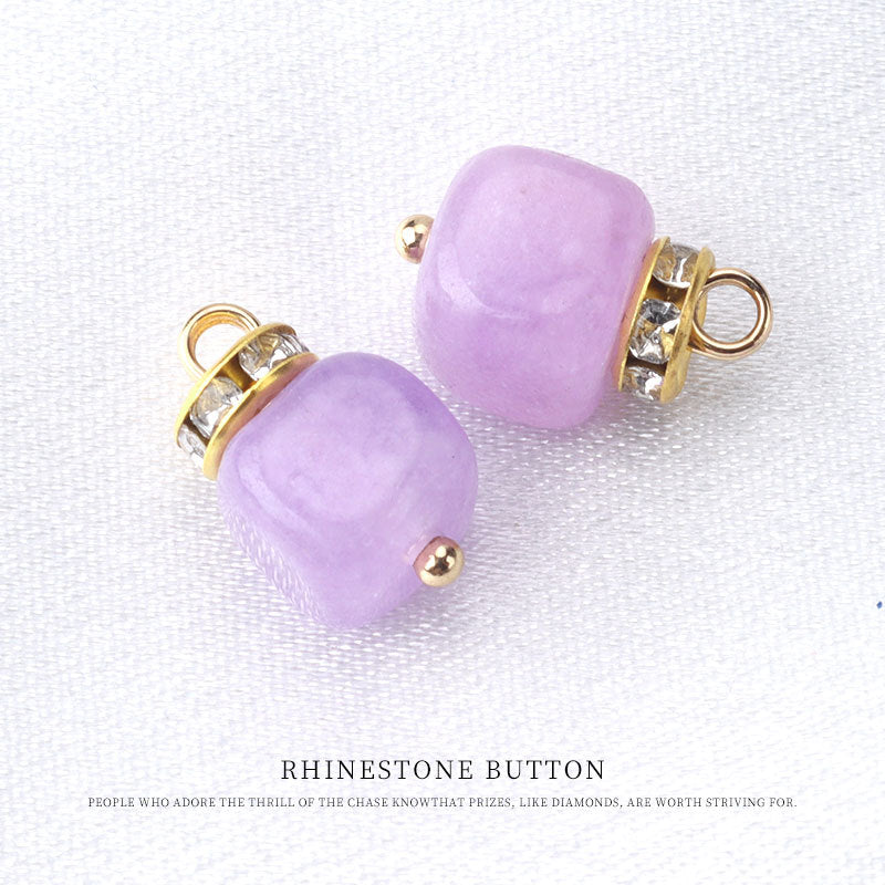 Light purple natural stone frog knot button with gold tone loop and rhinestone stones