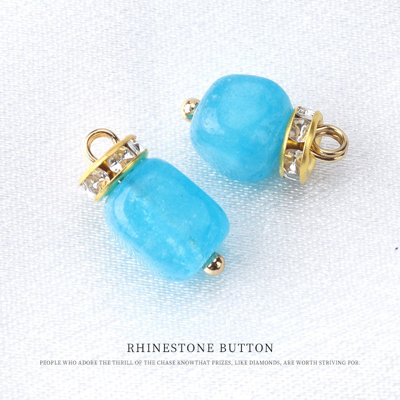 Lake blue natural stone frog knot button with gold tone loop and rhinestone accents