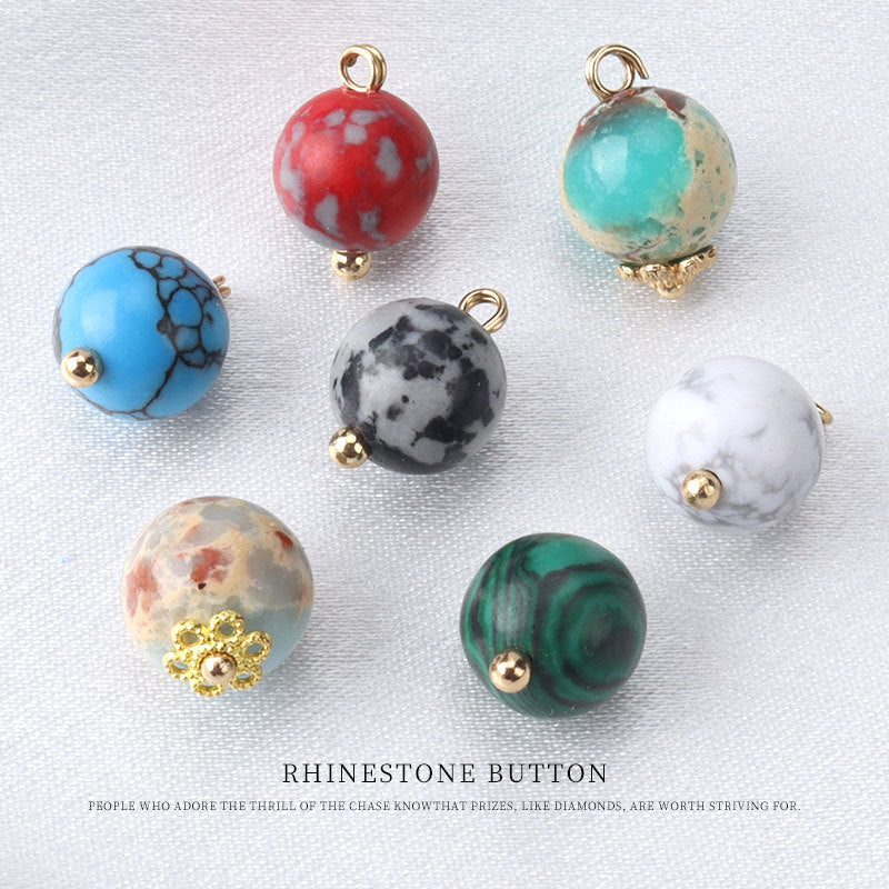 10mm round bead button in green/teal marble, gold loop and stud back