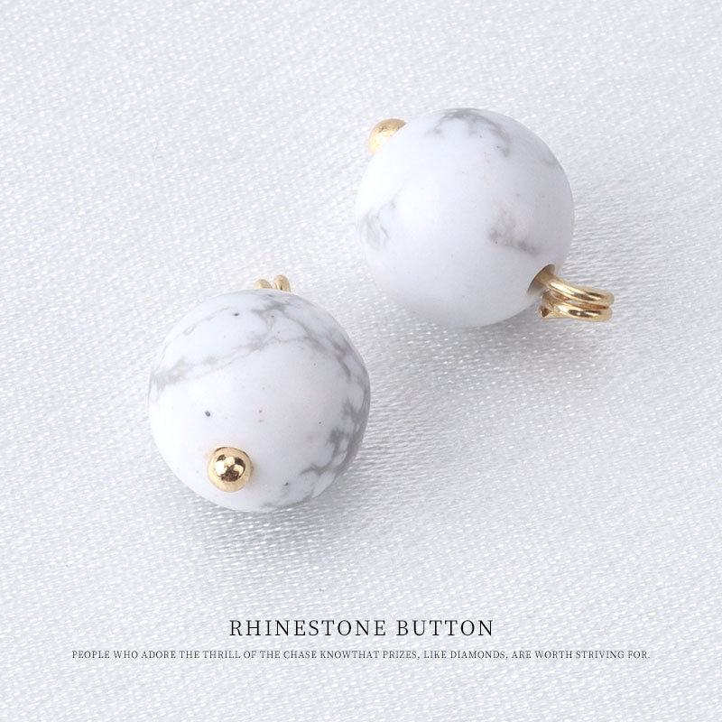 10mm round bead button in white marble, gold stud back and loop