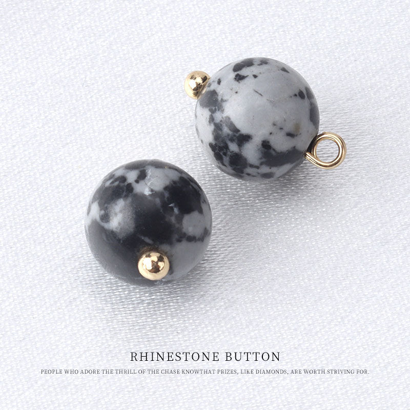 10mm round bead button in black/gray speckled stone, gold stud and loop