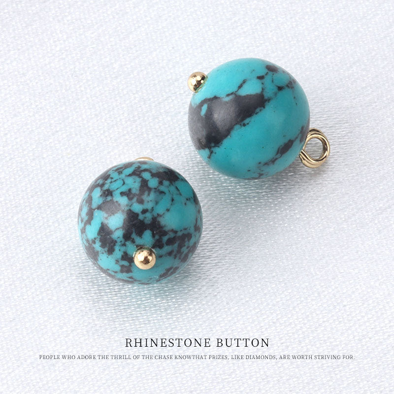 10mm round bead button in turquoise speckled pattern, gold loop and stud back