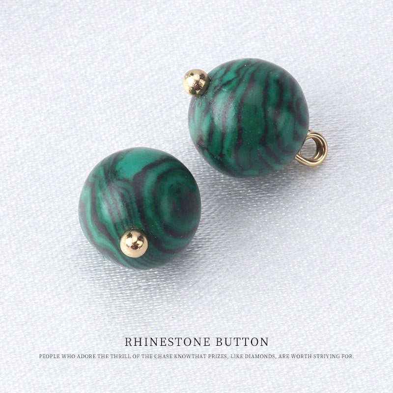 10mm round bead button in dark green swirl marble, gold stud and loop