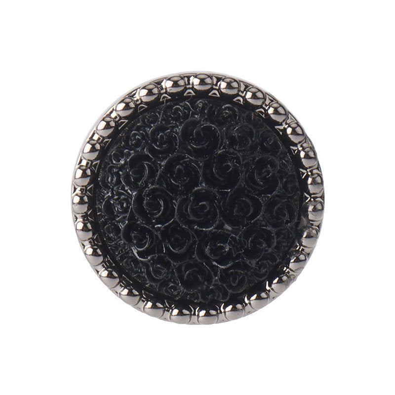 25mm round black flower plastic button with rhinestone border, front view