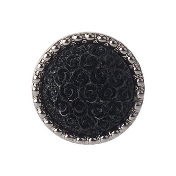 25mm round black flower plastic button with rhinestone border, front view