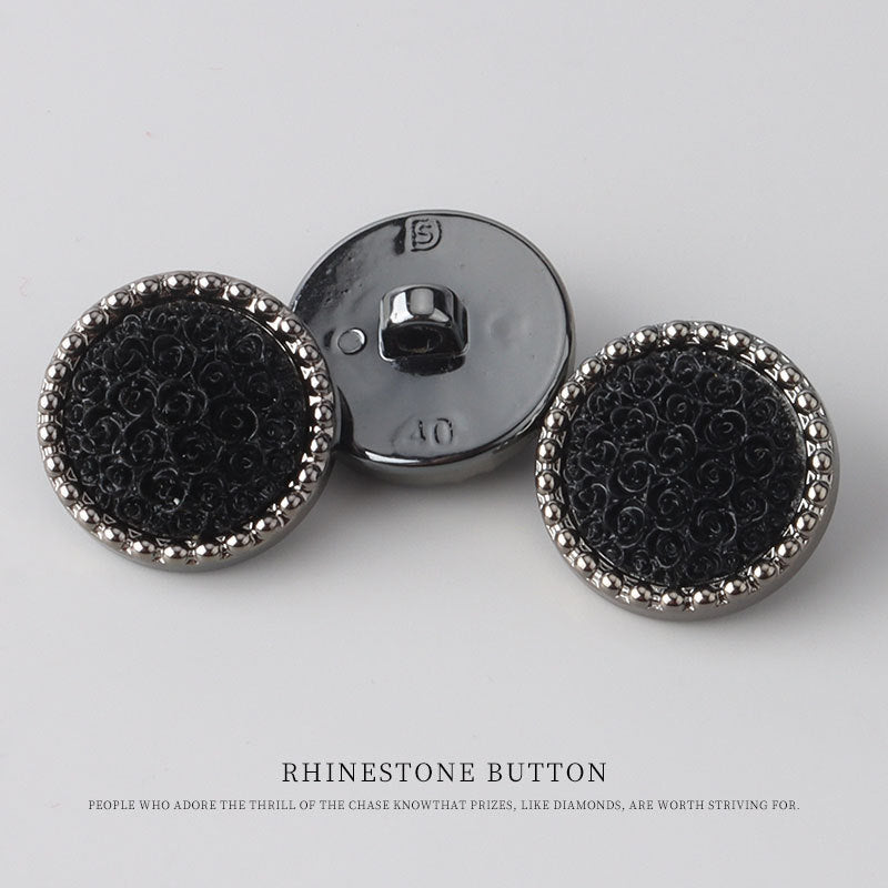 25mm round black flower plastic button set, rhinestone edges and metal back