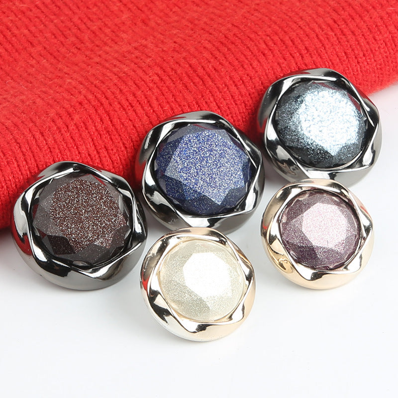 Round pearlescent plastic button with shank, blue/silver/brown pearl finish (30 pack)