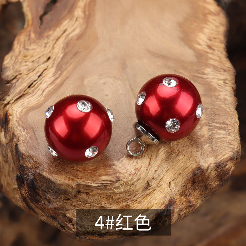 Red 10mm plastic pearl shirt buttons with rhinestones and metal shank