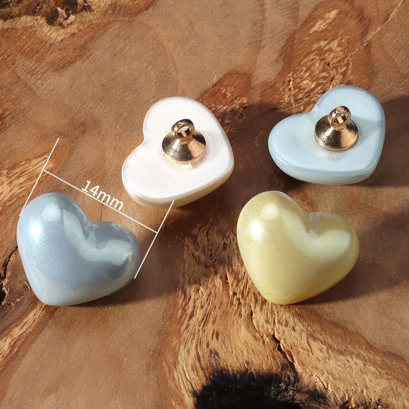 14mm heart-shaped plastic decorative buttons with metal posts: white, light blue, pale yellow, gray-blue