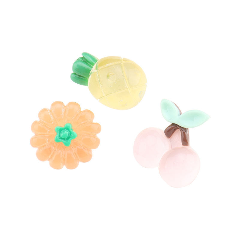 Plastic kids buttons set: yellow pineapple, orange flower, pink cherries, mint leaf