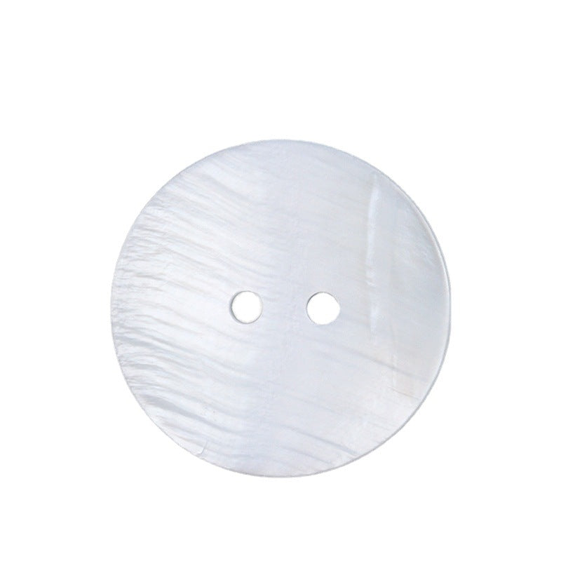 Round two-hole white pearl shell button, 9–25mm, front view