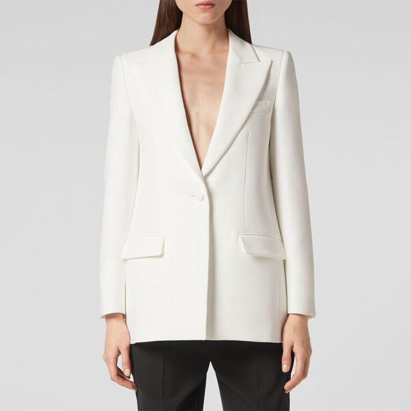 White spherical ceramic button on a blazer lapel, shank style