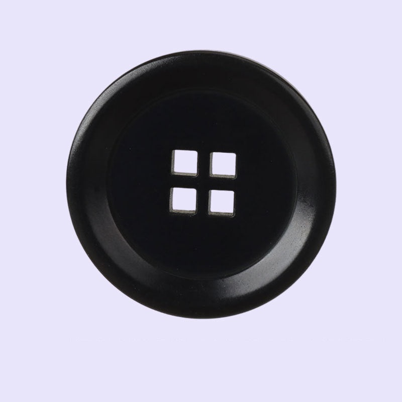 Black round corozo button, square-hole cross pattern, front view