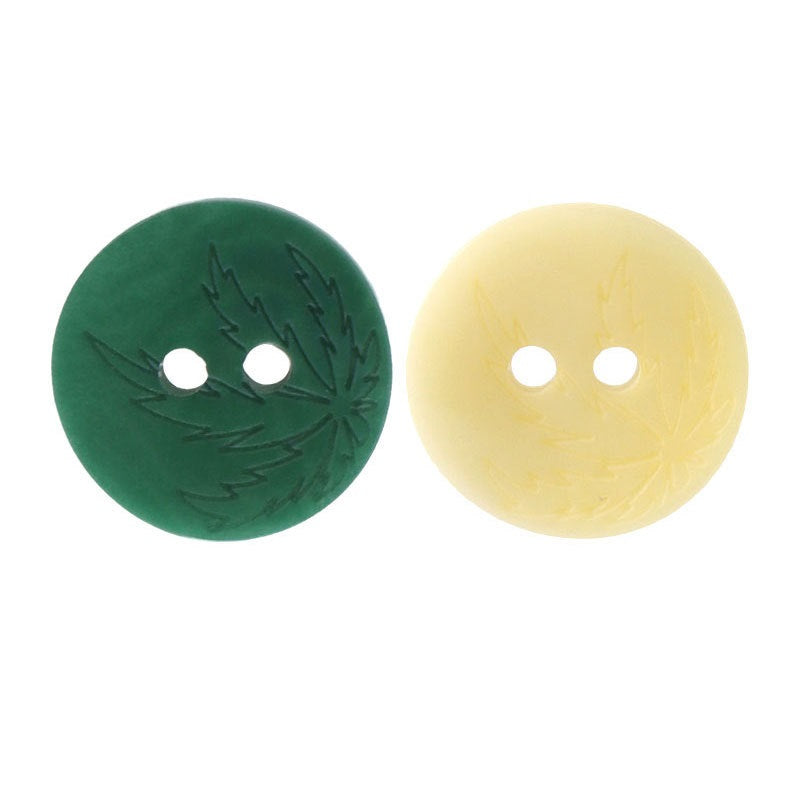 2-hole corozo buttons, green and yellow, laser leaf pattern, set of 2