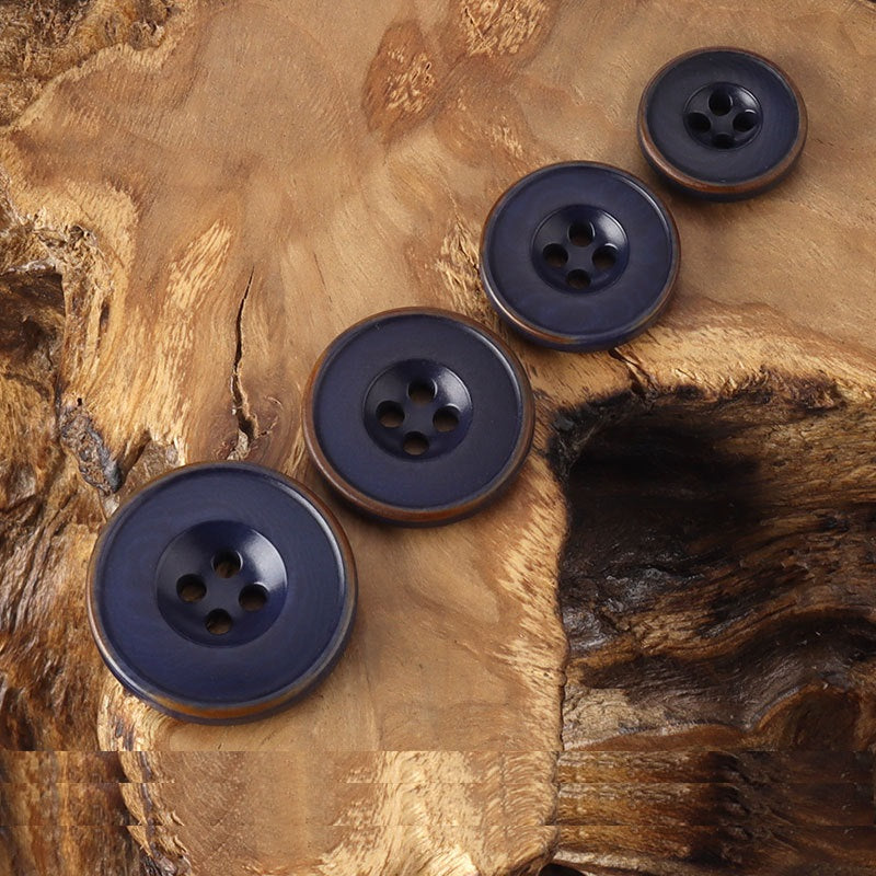 Round 4-hole buttons, dark blue with burnished rim edge, four holes
