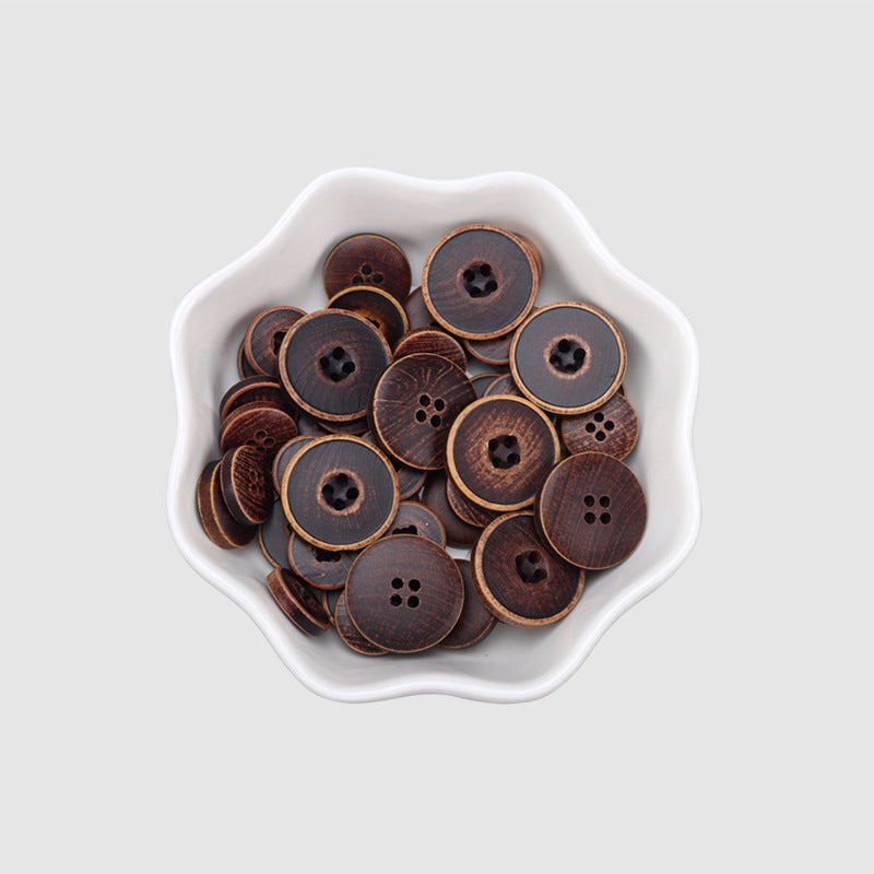 Dark brown poplar wood button set, round with 4-hole faces