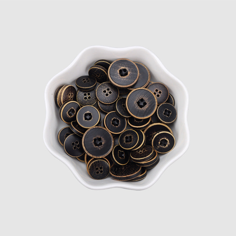 Black poplar wood button set, round 4-hole design assortment