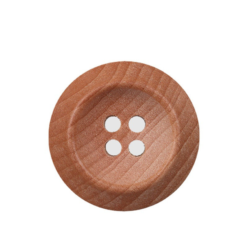 Round natural wood button, 4-hole design with visible wood grain