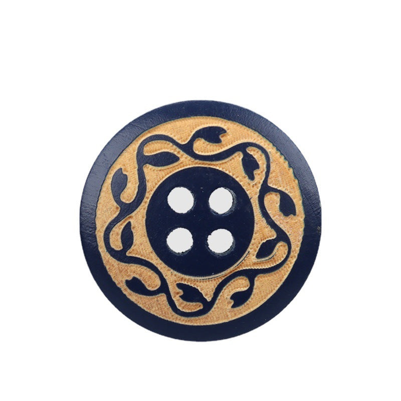 Round 4-hole dark blue wood button with vintage flame-pattern laser engraving