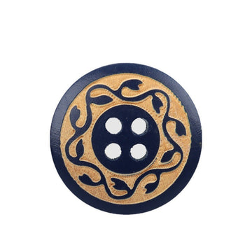 Round 4-hole dark blue wood button with vintage flame-pattern laser engraving