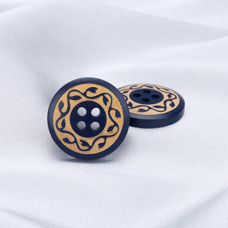 Round 4-hole dark wood buttons: one front and one back, vintage border pattern