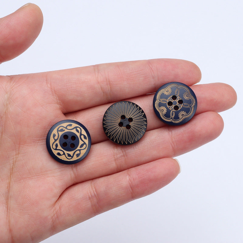 Set of round 4-hole dark wood buttons with ornate vintage laser patterns