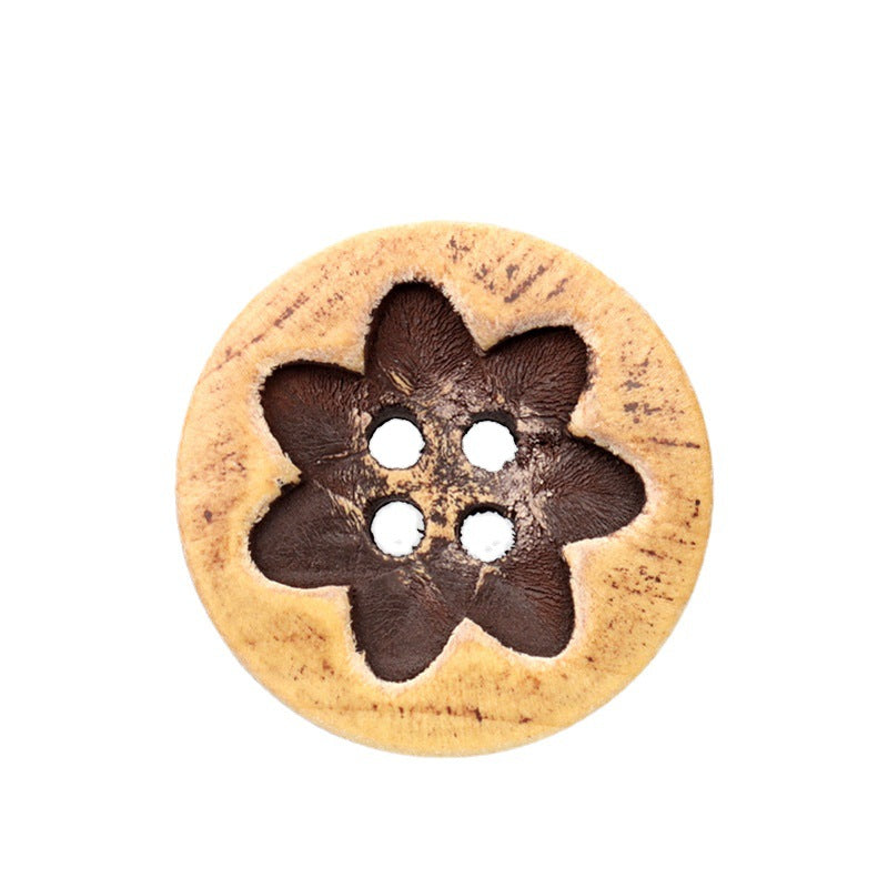 Round distressed 4-hole wood button, coffee brown floral pattern, 15/20mm