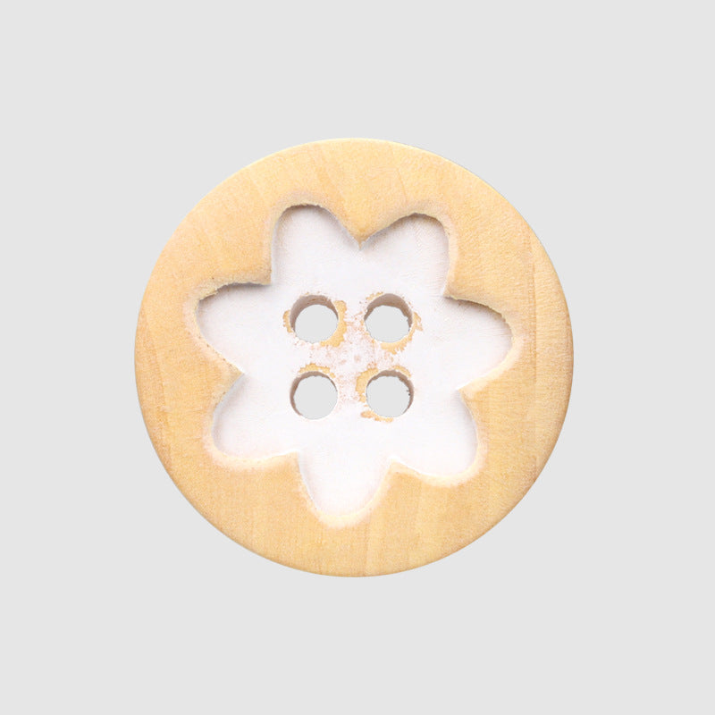 Round distressed 4-hole wood button, white floral pattern, 15/20mm