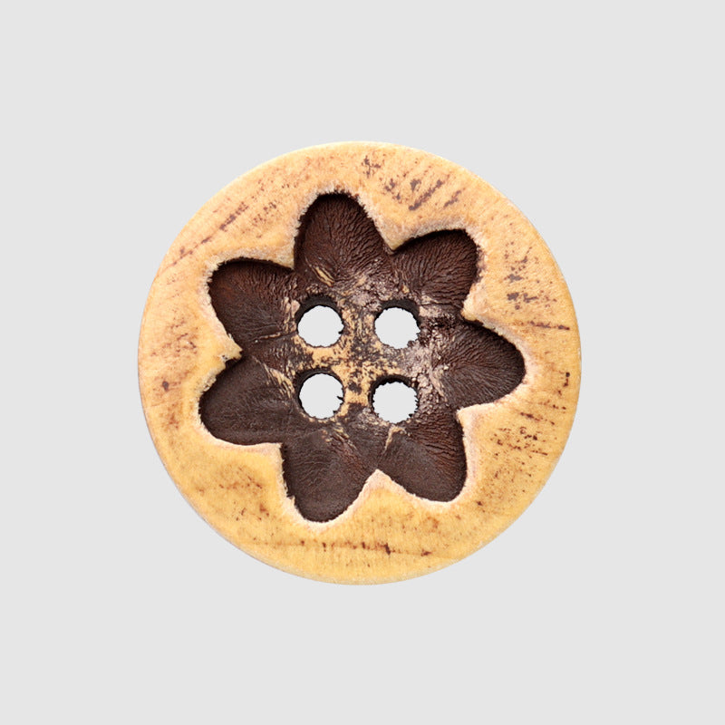 Round distressed 4-hole wood button, coffee floral pattern, 15/20mm