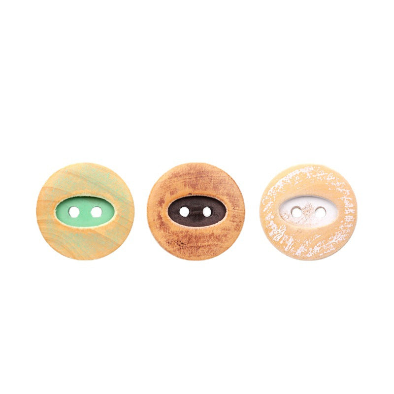 Round two-hole distressed painted poplar wood buttons, 15/20 mm (green, coffee, white)
