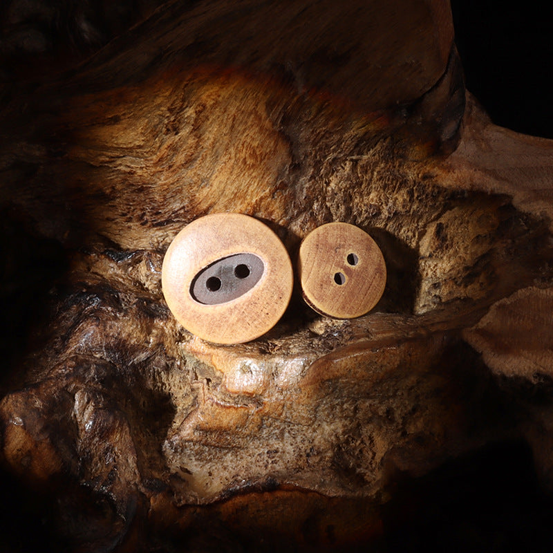 Distressed round poplar wood buttons with two holes, beige and coffee tones