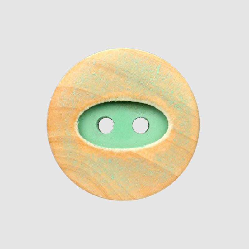 Green round two-hole distressed painted poplar wood button, 15/20 mm