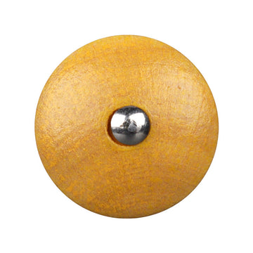 Yellow round natural wood button with metal shank and visible back loop