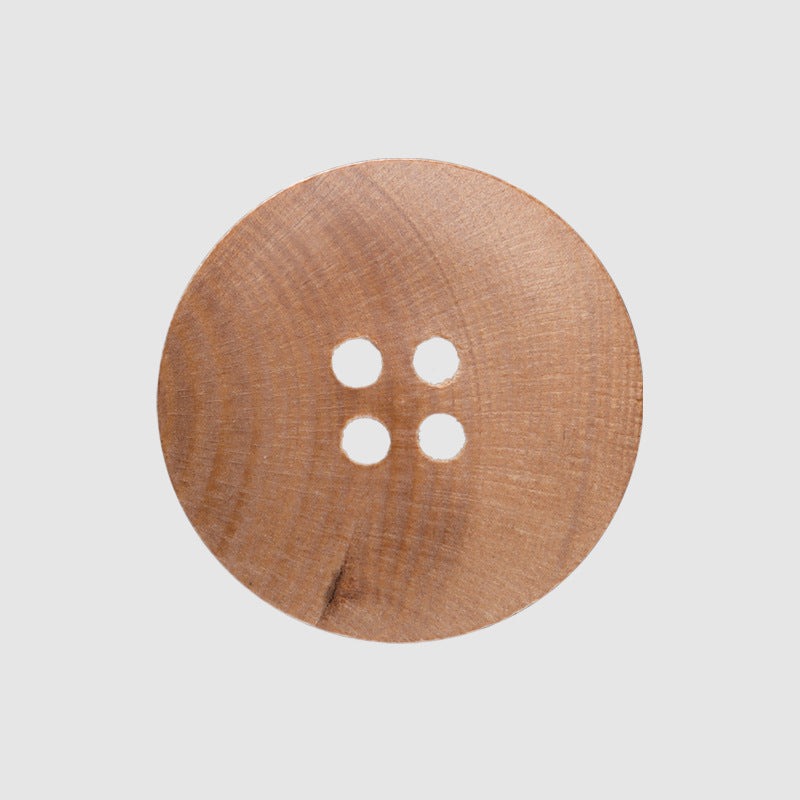 Natural camellia wood button, four-hole front view, wide rim (10–25mm)
