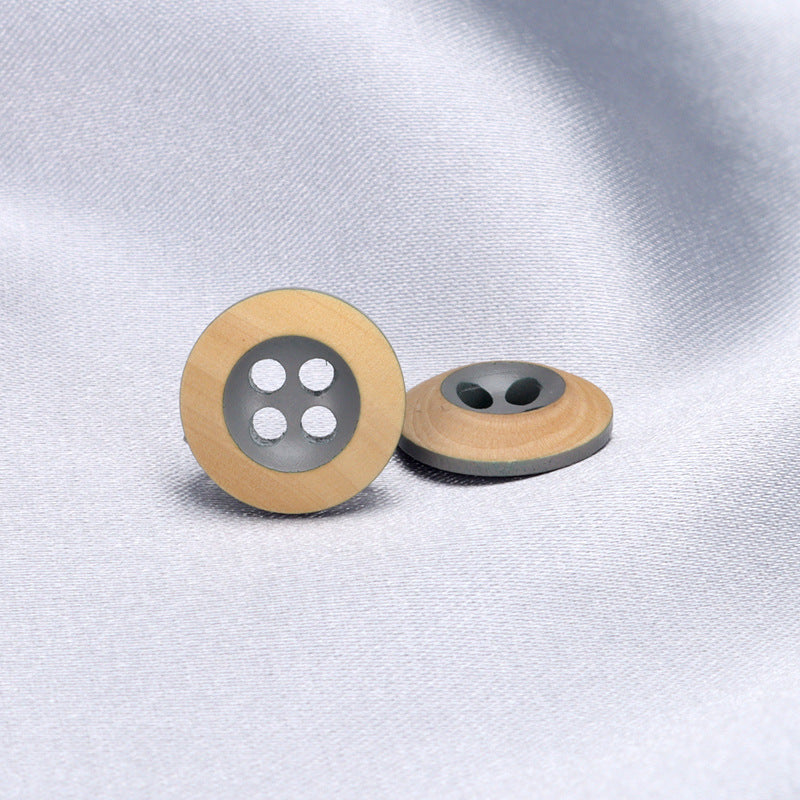 11.5mm round 4-hole baked wood buttons set, light grey face, 2 shown