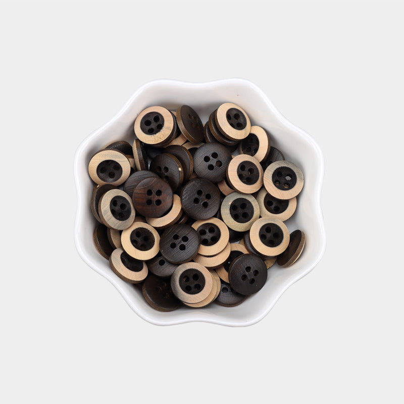 11.5mm round 4-hole baked wood buttons, dark brown and light wood, in bowl
